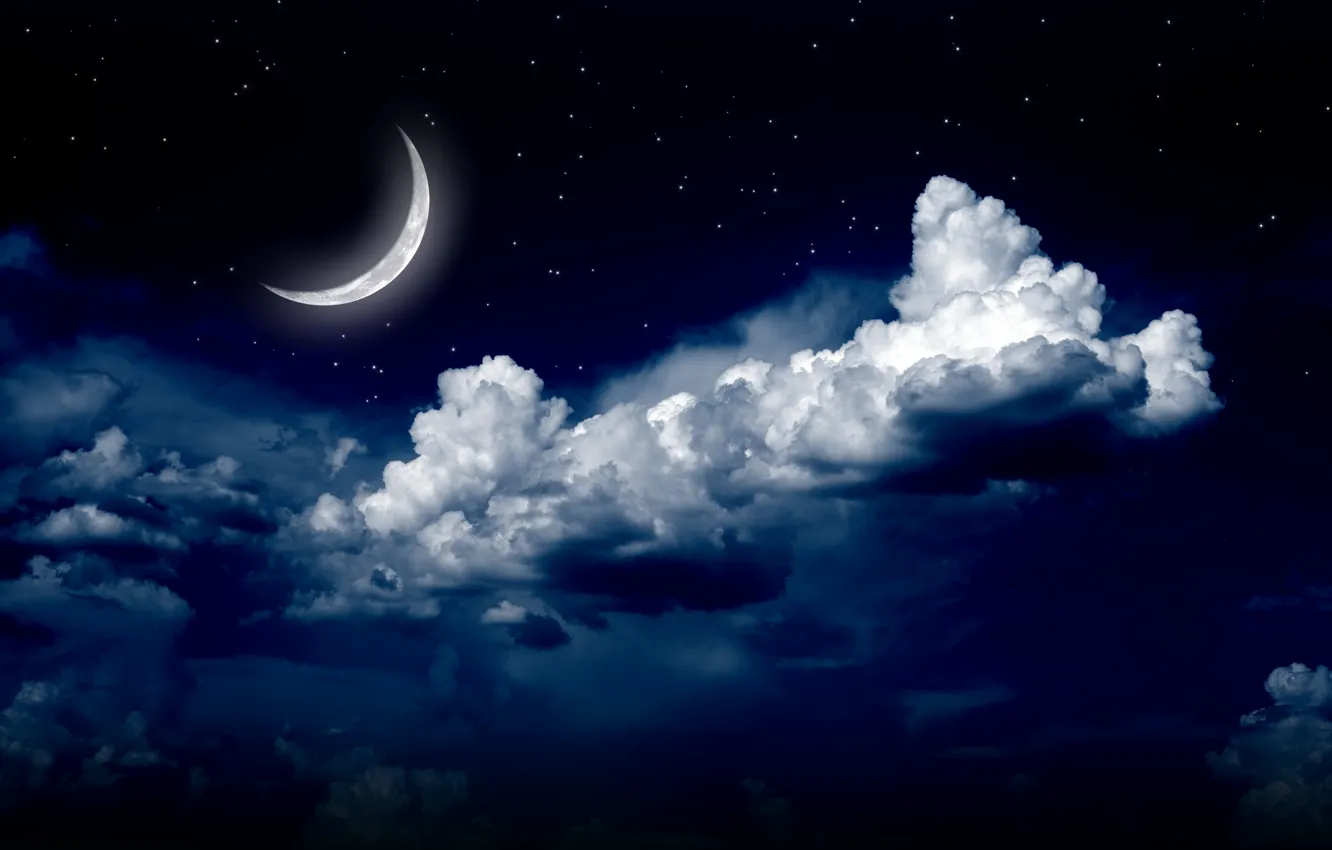 Фото обои небо, звезды, облака, пейзаж, ночь, природа, луна, moon