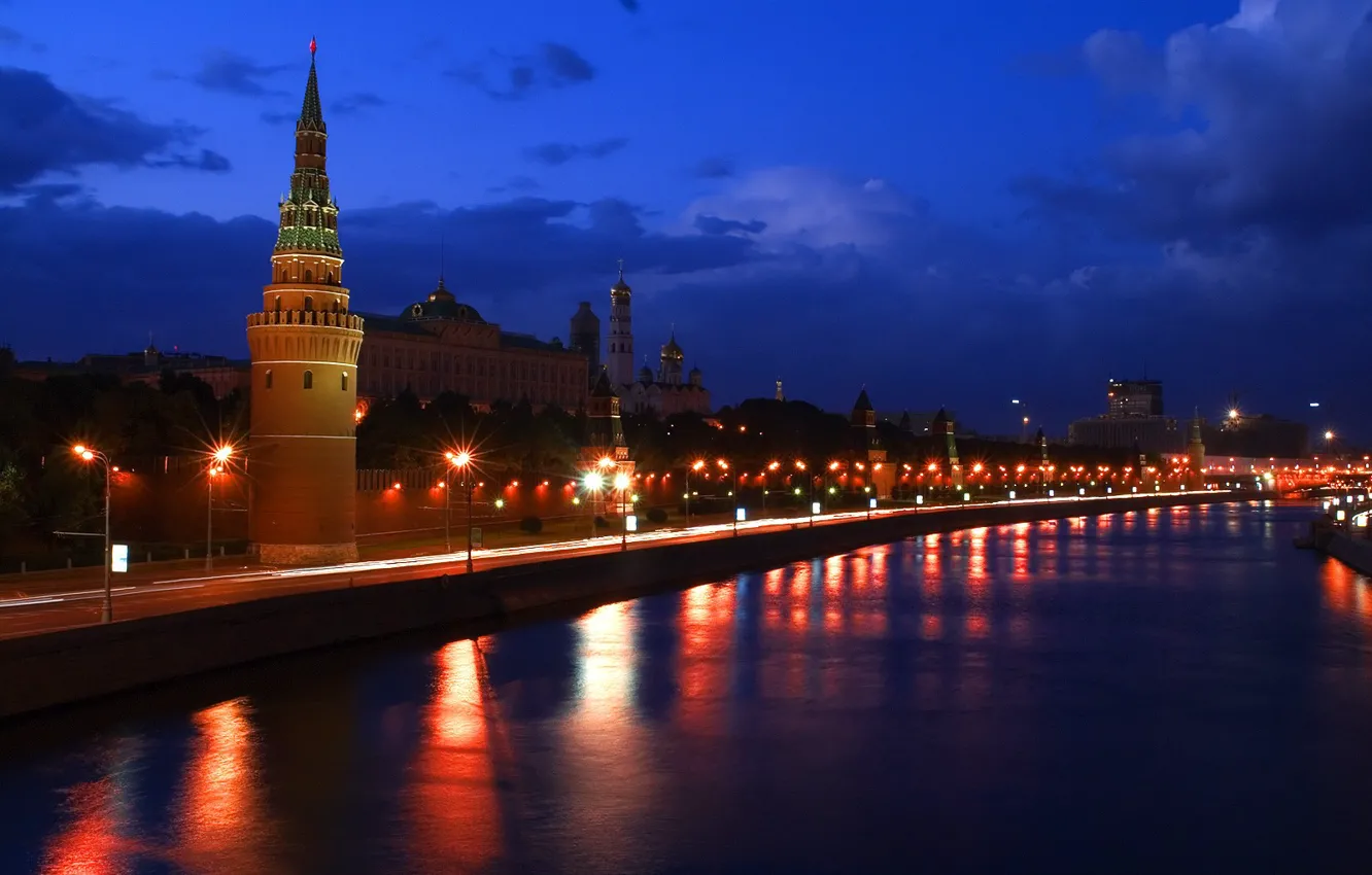 Фото обои Ночь, Река, Москва, Кремль