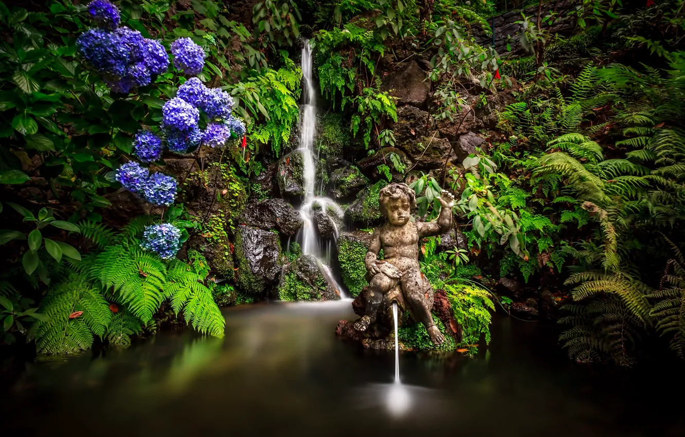 Фото обои листья, цветы, парк, водопад, сад, скульптура, Португалия, папоротник