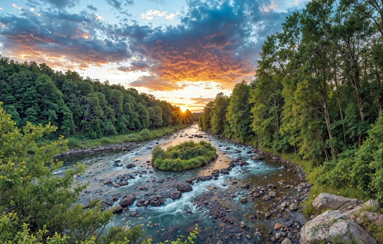 Фото обои лес, лето, закат, природа, река, ИИ АРТ
