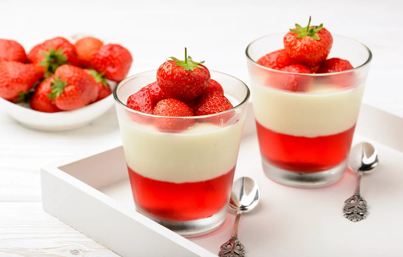 Фото обои ягоды, клубника, десерт, сладкое, желе, йогурт