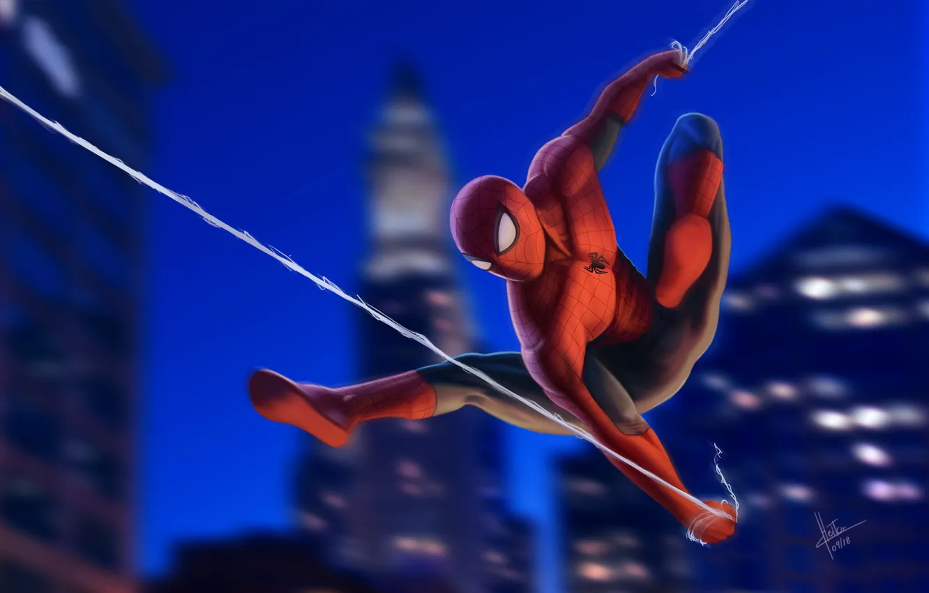 Фото обои Night, New York City, Marvel, Peter Parker, Spider Man, Fly