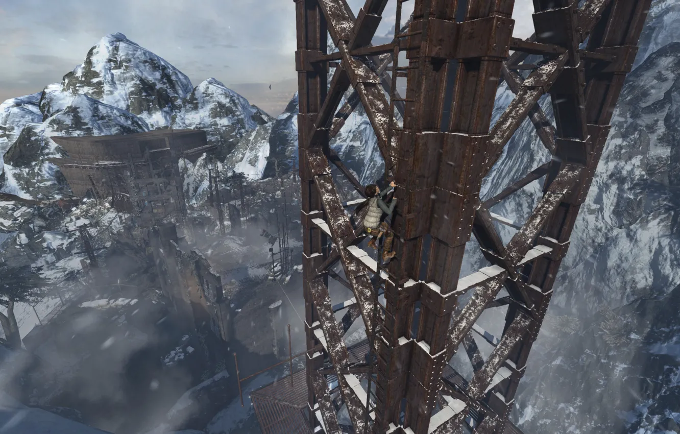 Фото обои Lara Croft, Tomb Raider 2013, Climbing, Radio Tower, screenshots
