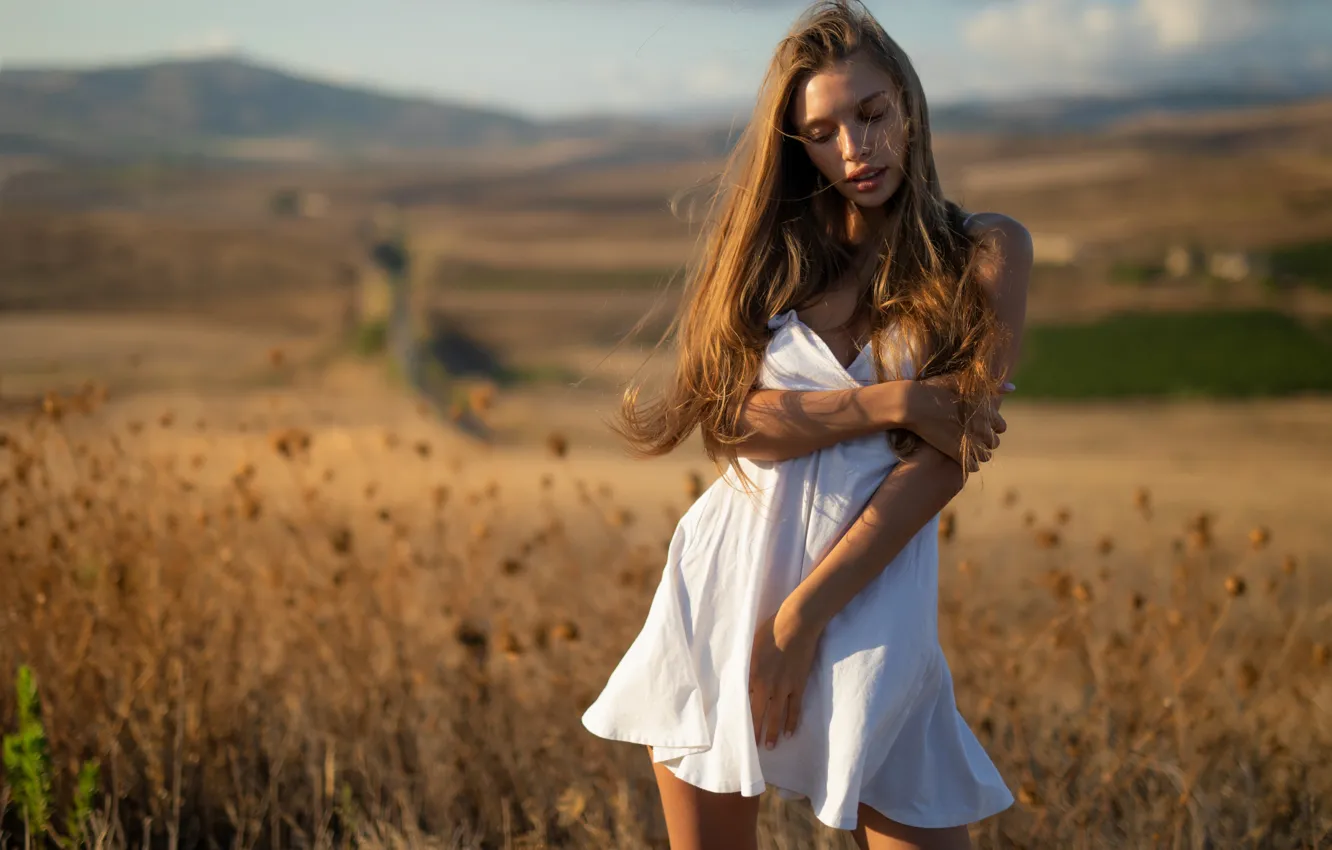 Фото обои Alina, sky, field, nature, brown, scenic, clouds, bokeh