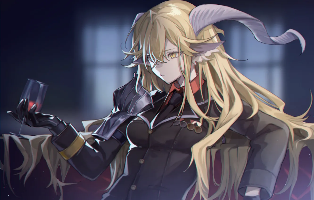 Фото обои девушка, рога, бокал вина, Arknights, ArDegenbrecher
