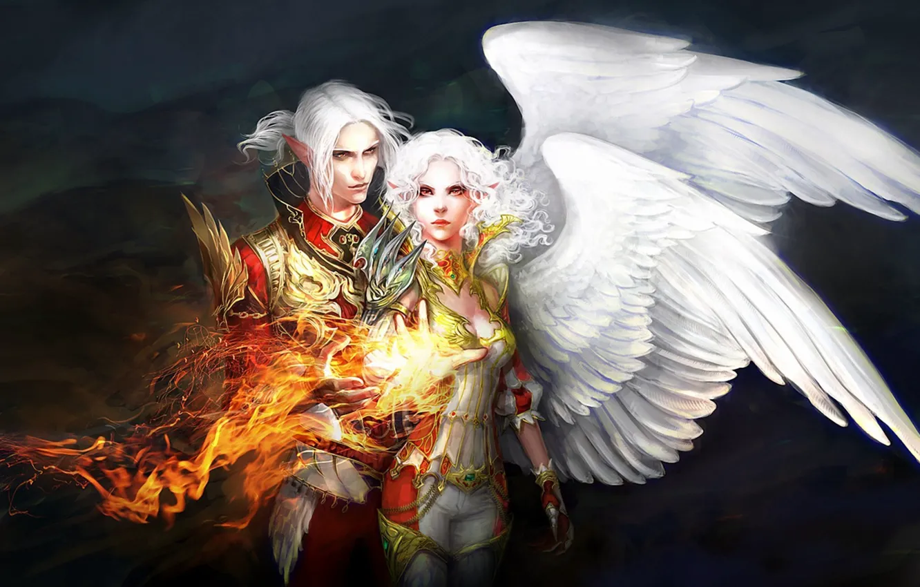 Фото обои девушка, огонь, магия, крылья, арт, парень, anndr, Kamaels