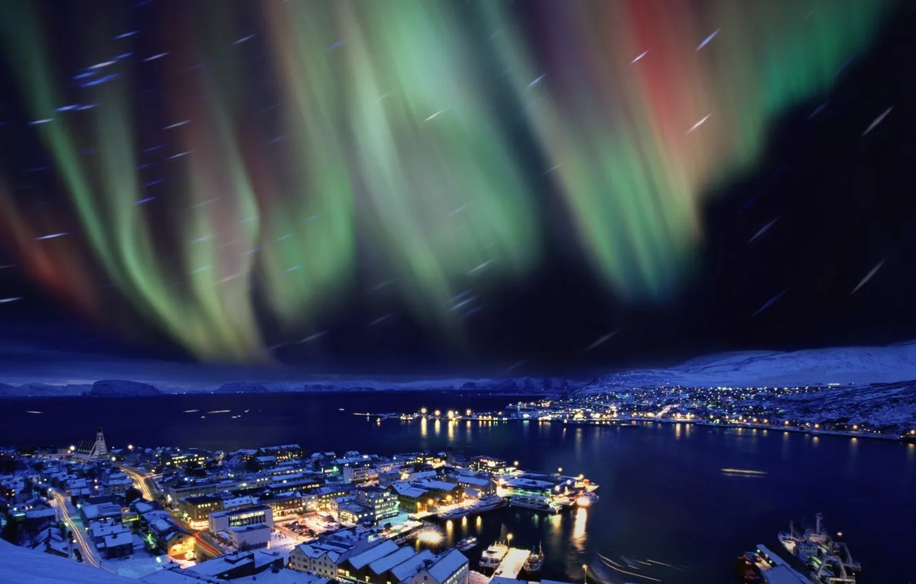 Фото обои Aurora borealis, Norway, Hammerfest