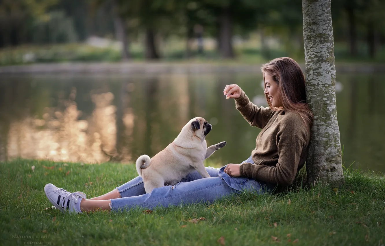 Фото обои вода, улыбка, парк, дерево, Девушка, собака, ножки, Robert Chrenka