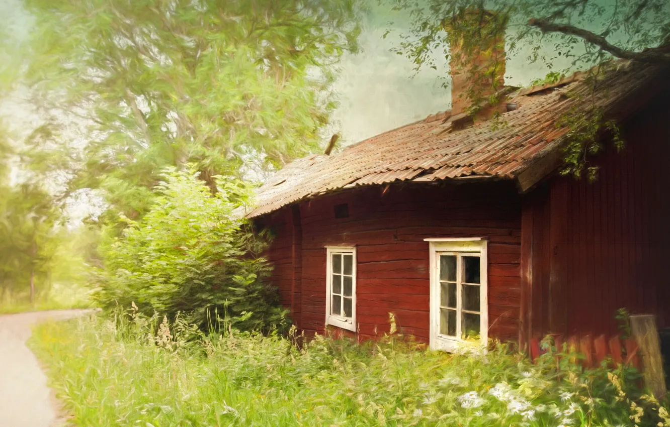 Фото обои зелень, лето, трава, деревья, пейзаж, уют, фотошоп, дома