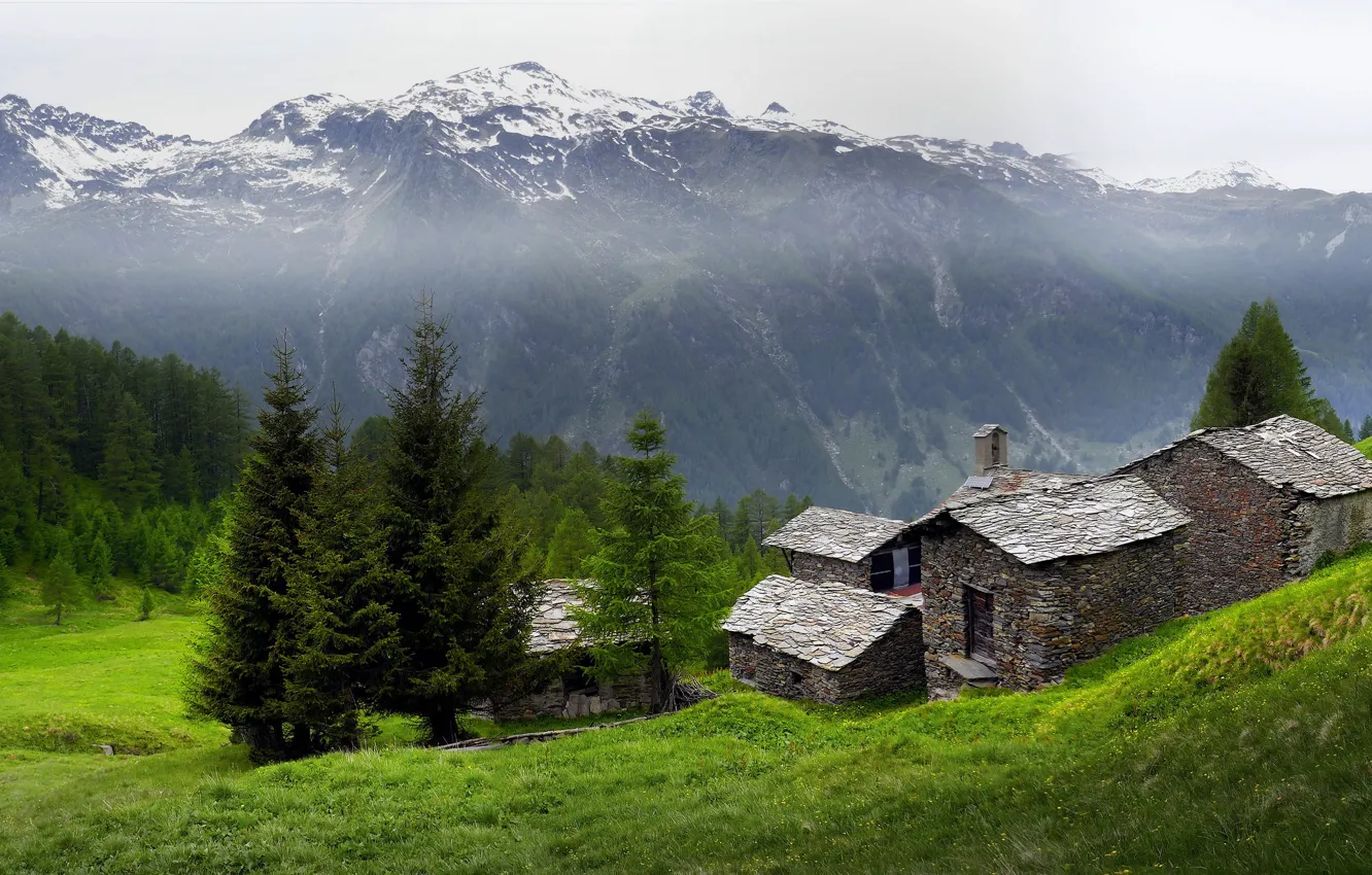 Фото обои пейзаж, горы, домики