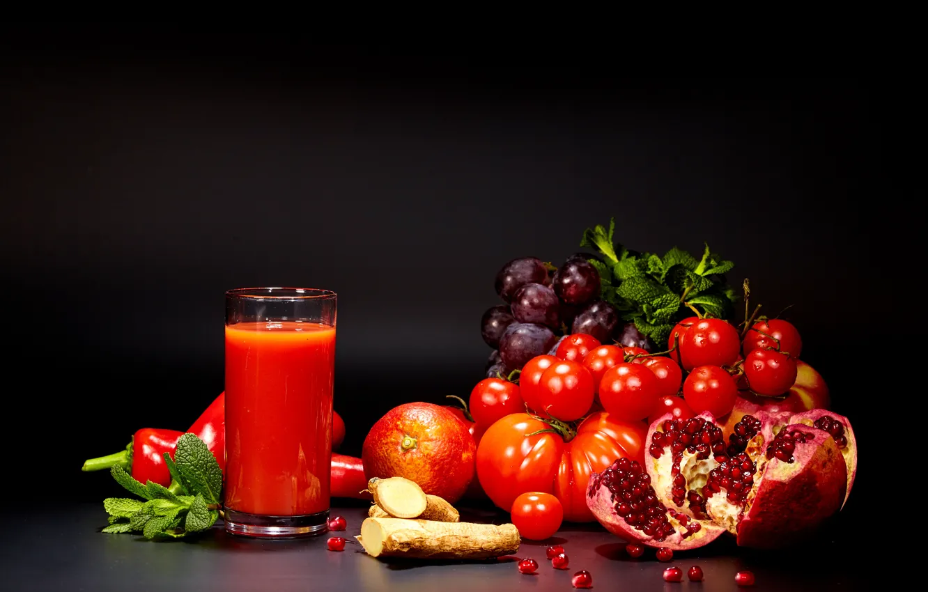 Фото обои стакан, сок, виноград, перец, овощи, помидоры, томаты, гранат