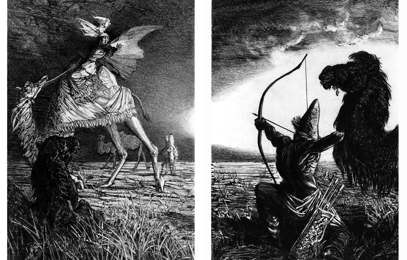 Фото обои верблюд, лучник, Айбек Бегалин, Смерть Ана-Бейит (разворот), Иллюстрации к Айтматову, И дольше века длится день