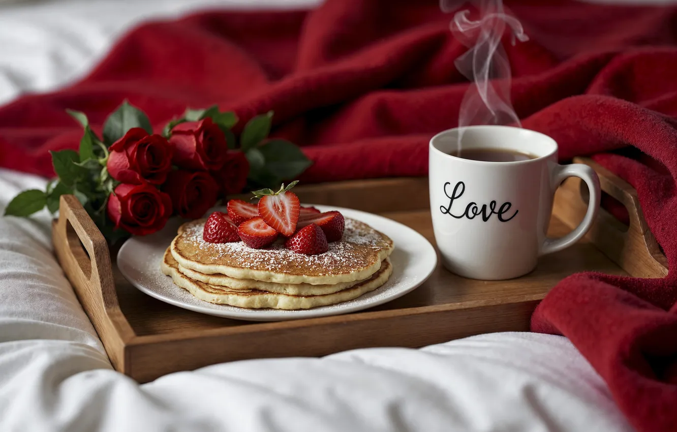 Фото обои любовь, цветы, романтика, сердце, розы, завтрак, love, happy
