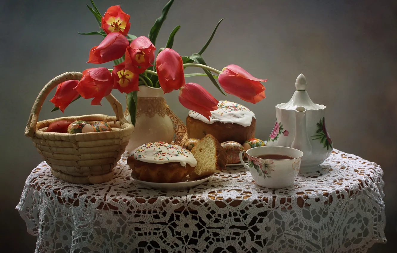 Фото обои цветы, стол, праздник, чай, корзина, яйца, чайник, пасха