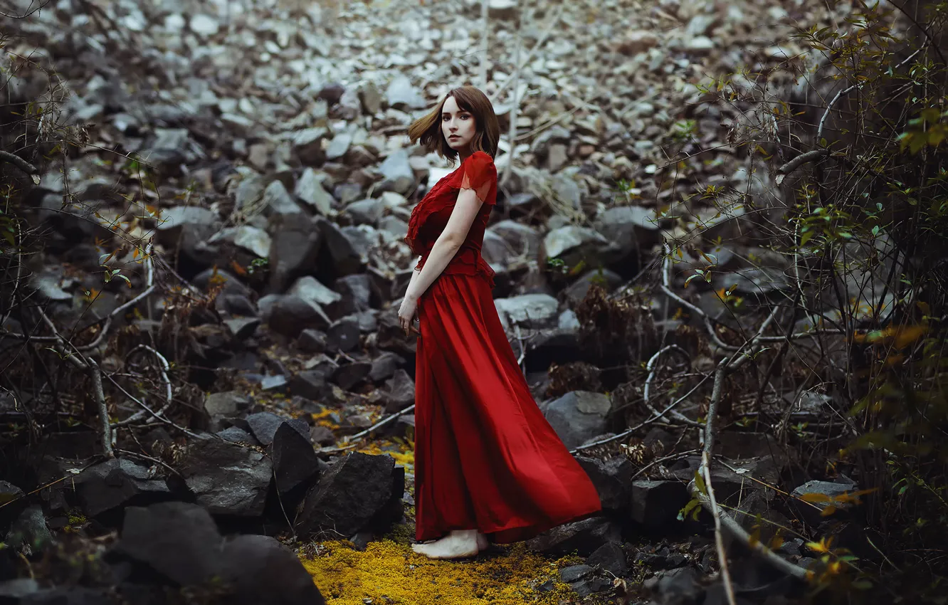 Фото обои лес, девушка, камни, платье, в красном, Ronny Garcia, No way out