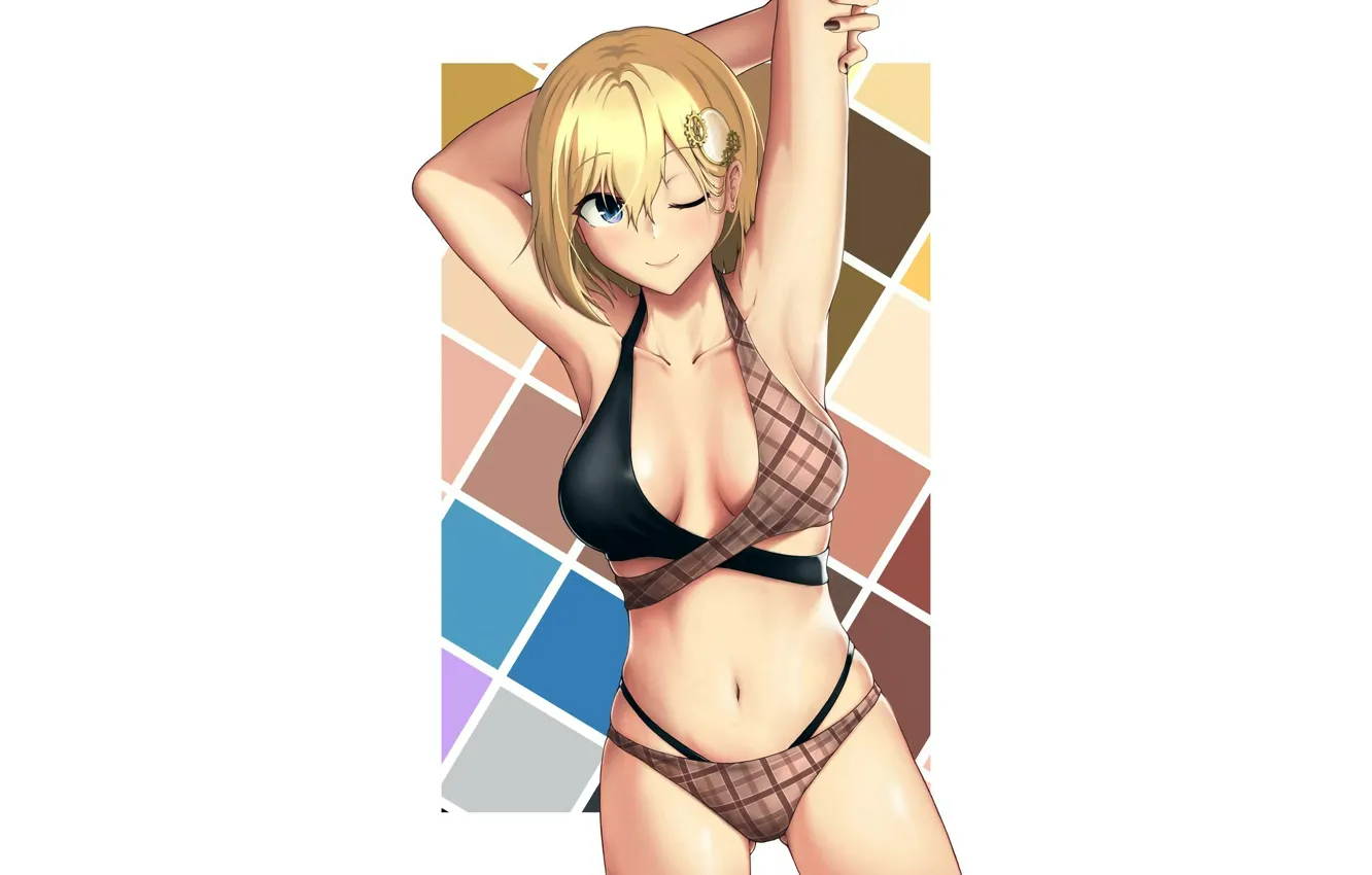 Фото обои girl, sexy, cleavage, boobs, anime, blue eyes, beautiful, short hair