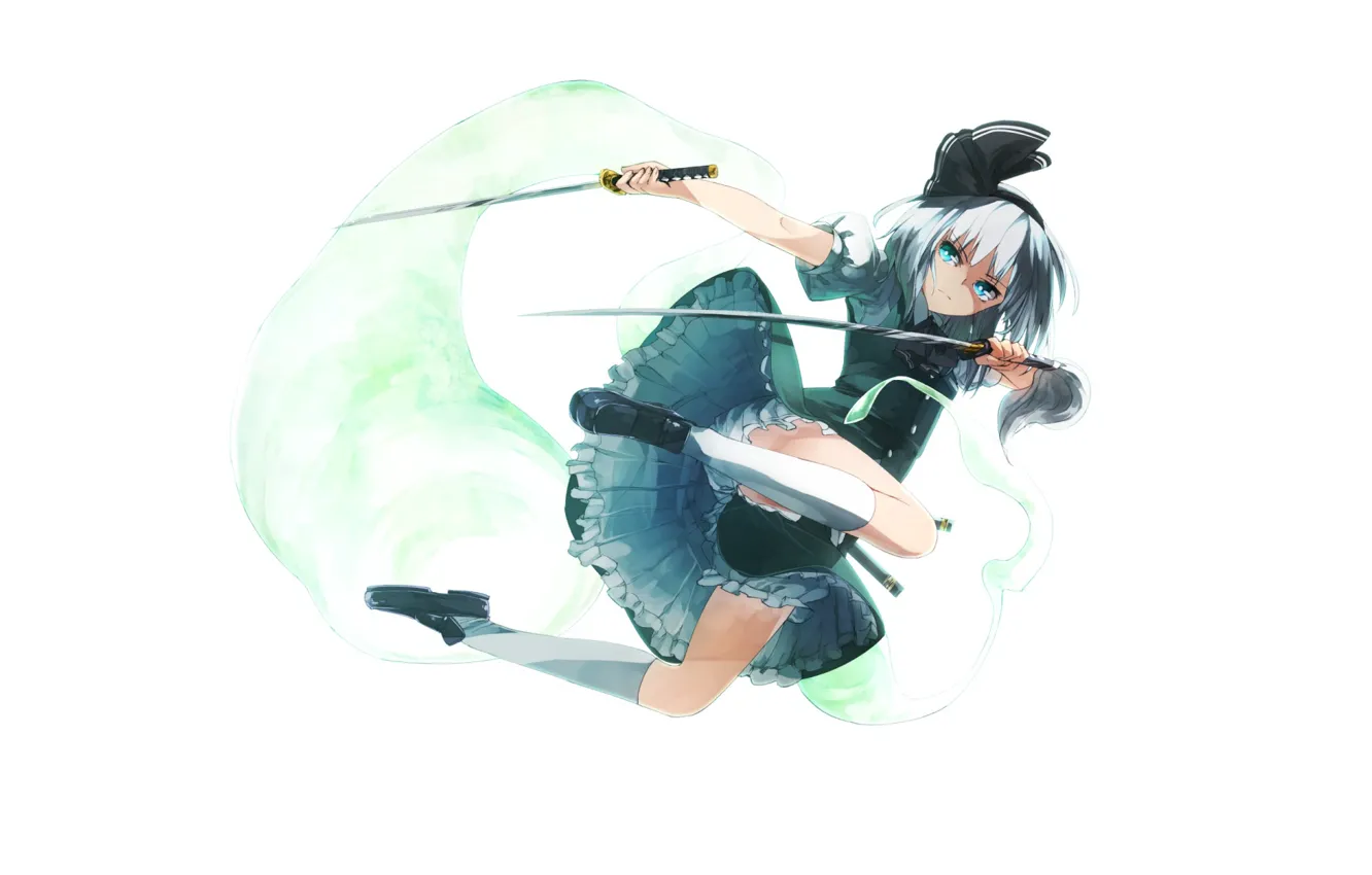 Фото обои прыжок, белый фон, гольфы, бант, touhou, белые волосы, клинки, art