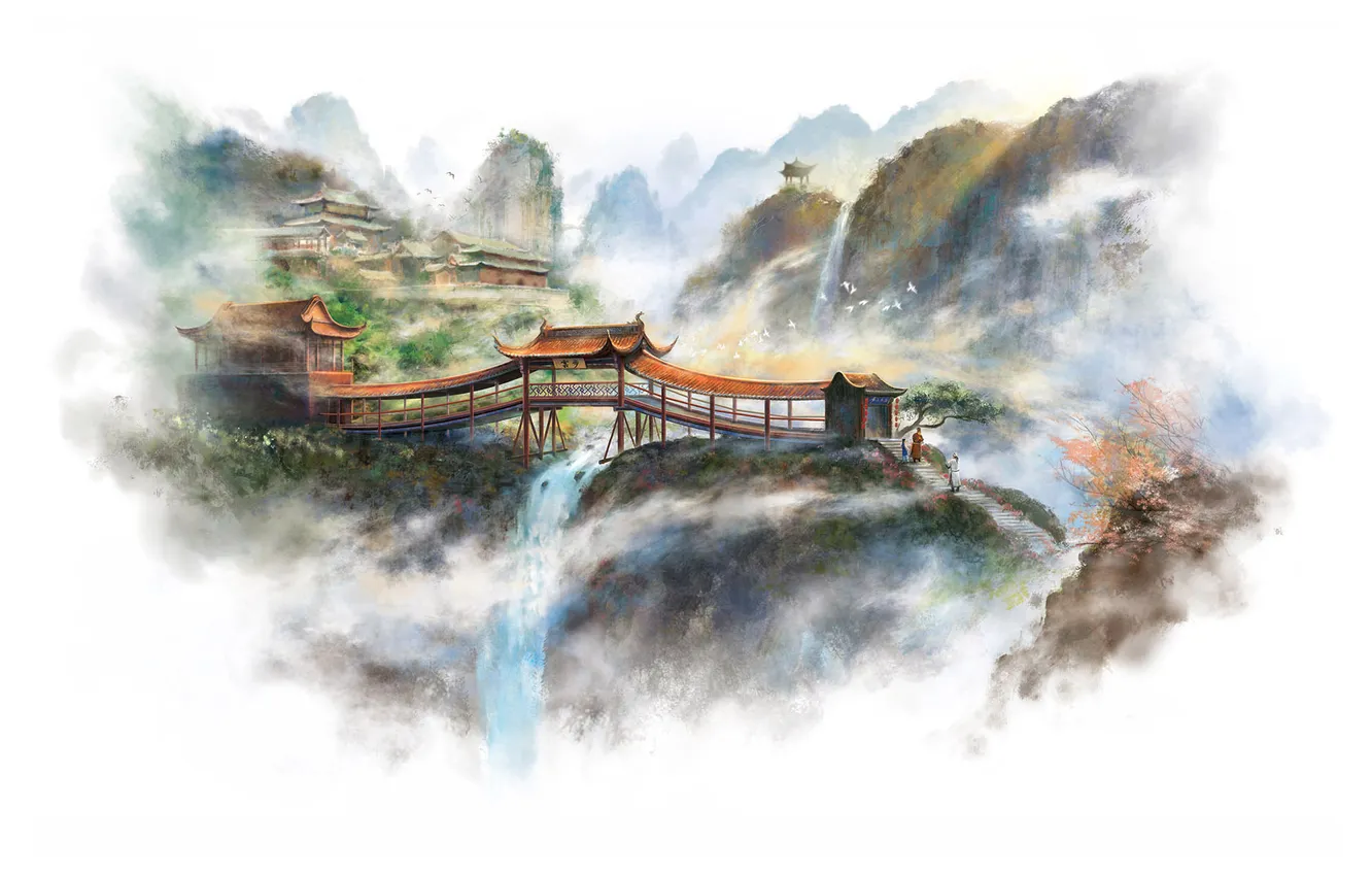 Фото обои горы, скалы, азия, рисунок, арт, белый фон, храм, водопады