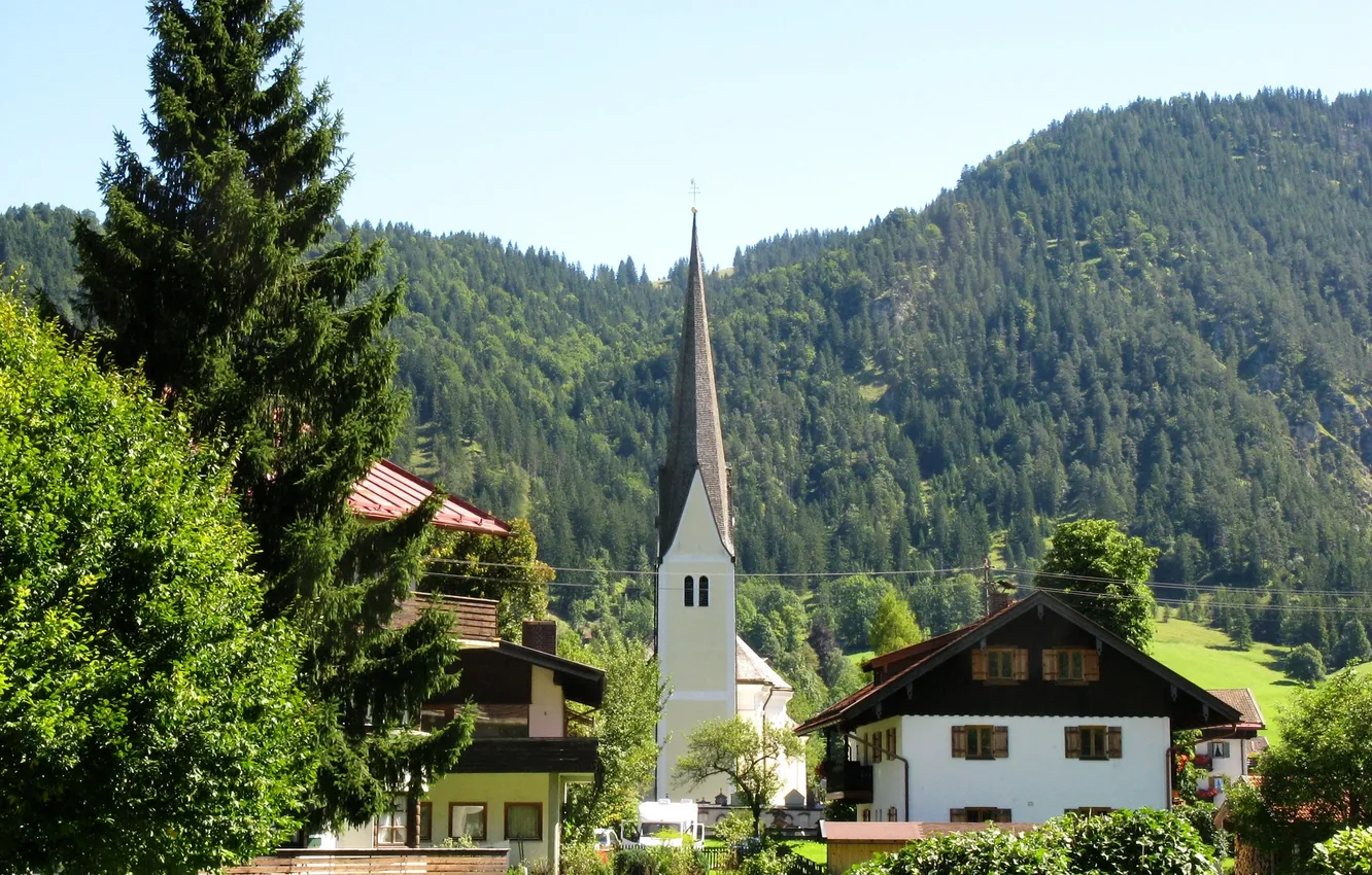 Фото обои лес, деревья, горы, дома, Германия, Бавария, Альпы, церковь