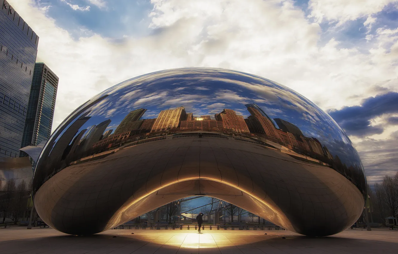 Фото обои город, парк, Чикаго, скульптура, morning, chicago, Иллиноис, millenium park