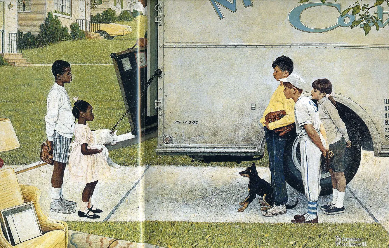 Фото обои дети, собачка, Иллюстрация, белый пушистый кот, Норман Роквелл, New Kids in the Neighbourhood 1967