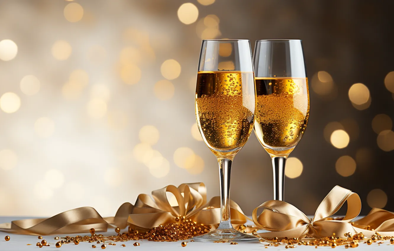 Фото обои украшения, золото, шары, Новый Год, бокалы, golden, new year, шампанское