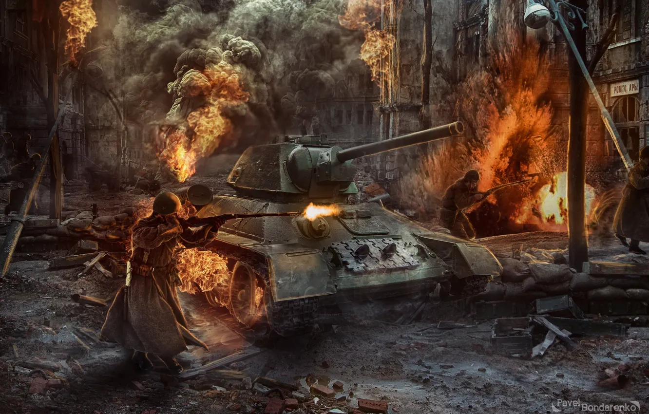 Фото обои пожар, война, ссср, танк, war, ussr, Pavel Bondarenko, сталинград