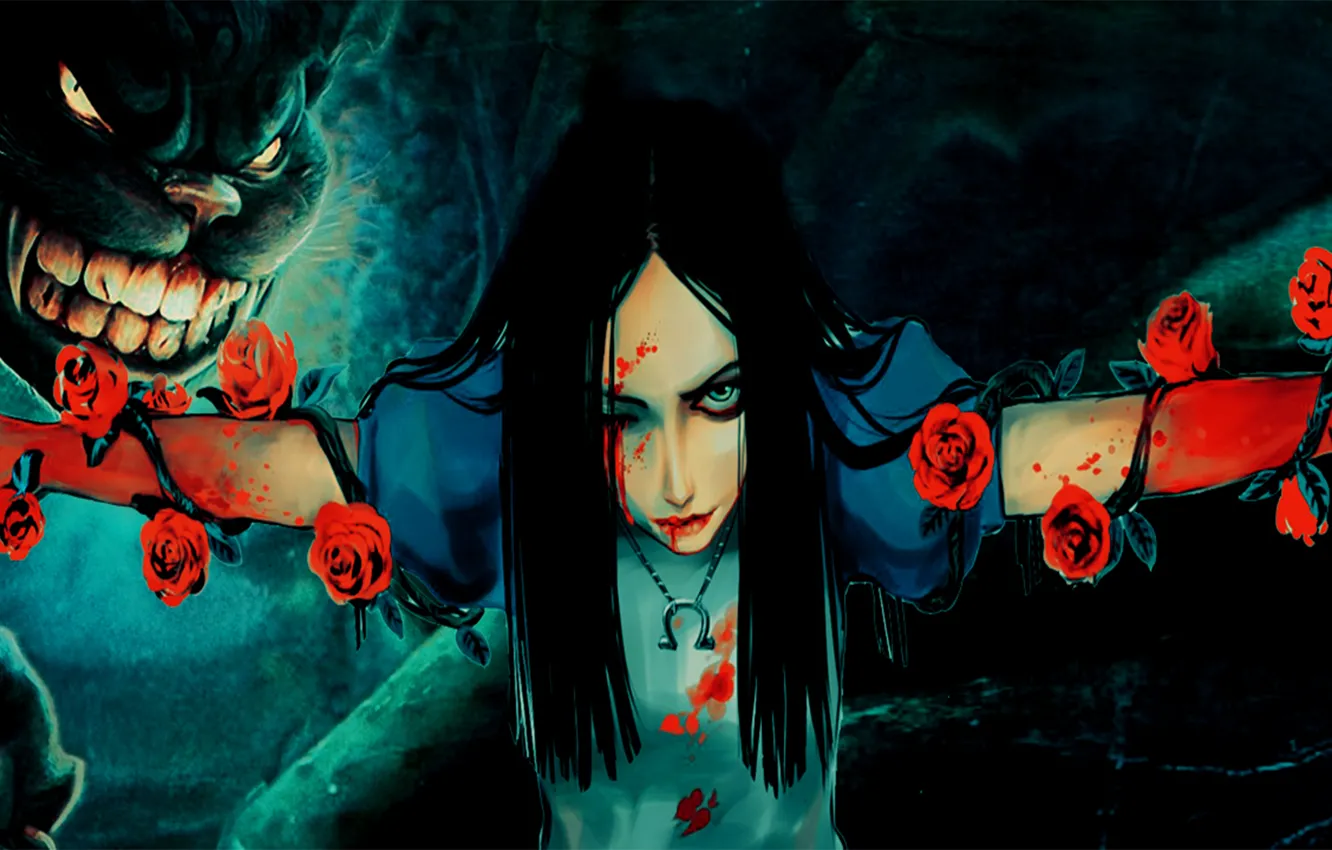 Фото обои девушка, кровь, Алиса, girl, blood, чеширский кот, Alice, Alice Madness Returns