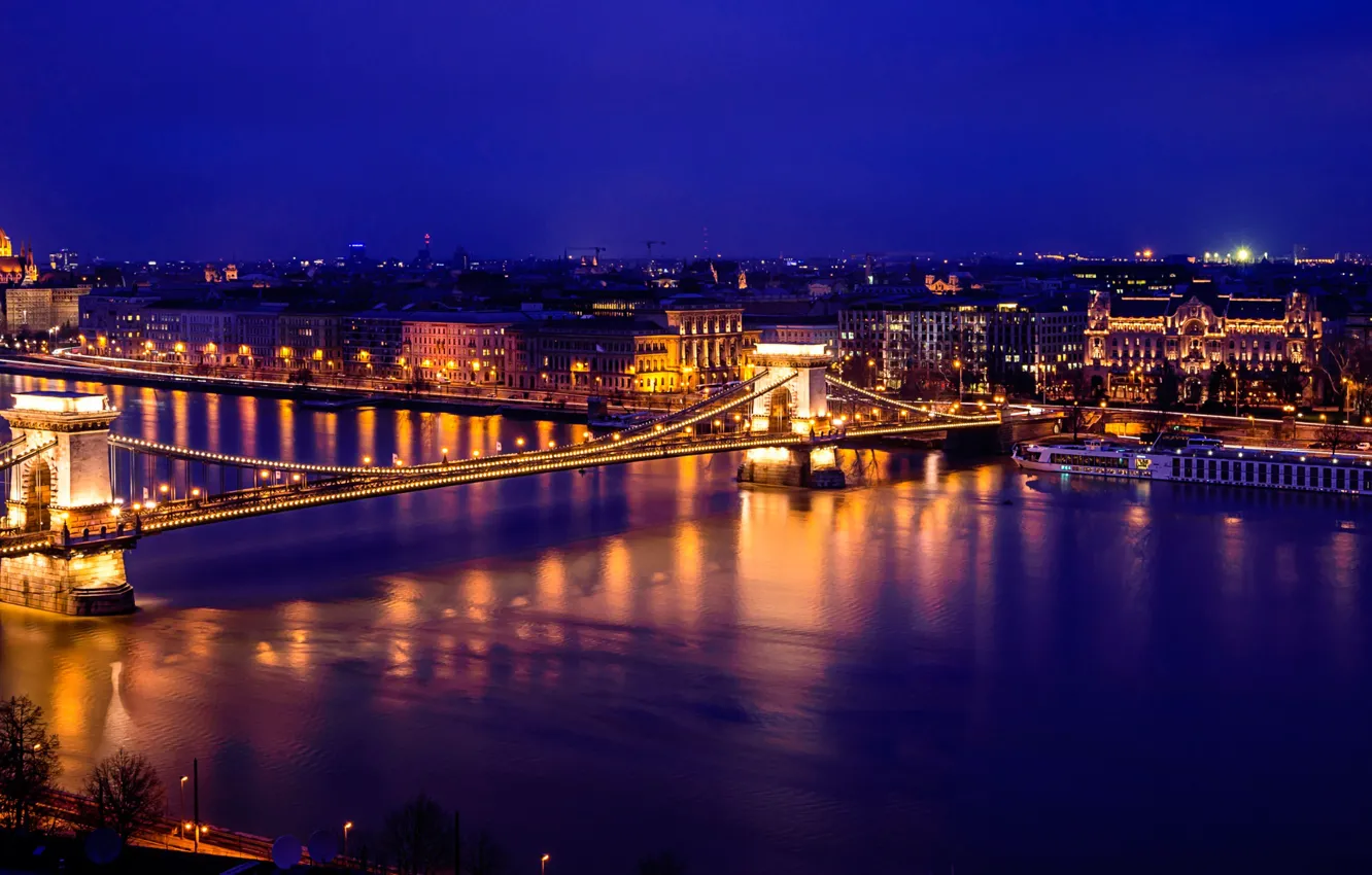 Фото обои ночь, огни, река, Парламент, панорама, Венгрия, Будапешт, Дунай