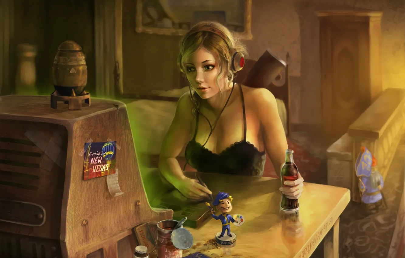 Фото обои девушка, наушники, Fallout 3, nuka cola