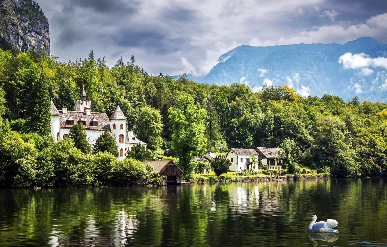 Фото обои лес, горы, природа, озеро, замок, красота, Austria, Lake Hallstatt