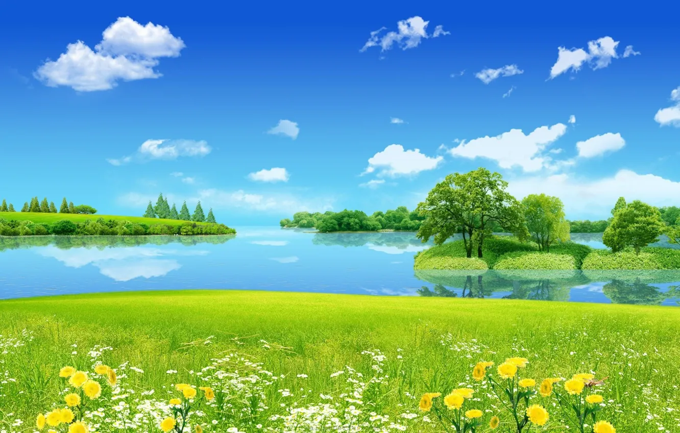 Фото обои зелень, лето, берег, растительность, луг, речка, солнечная