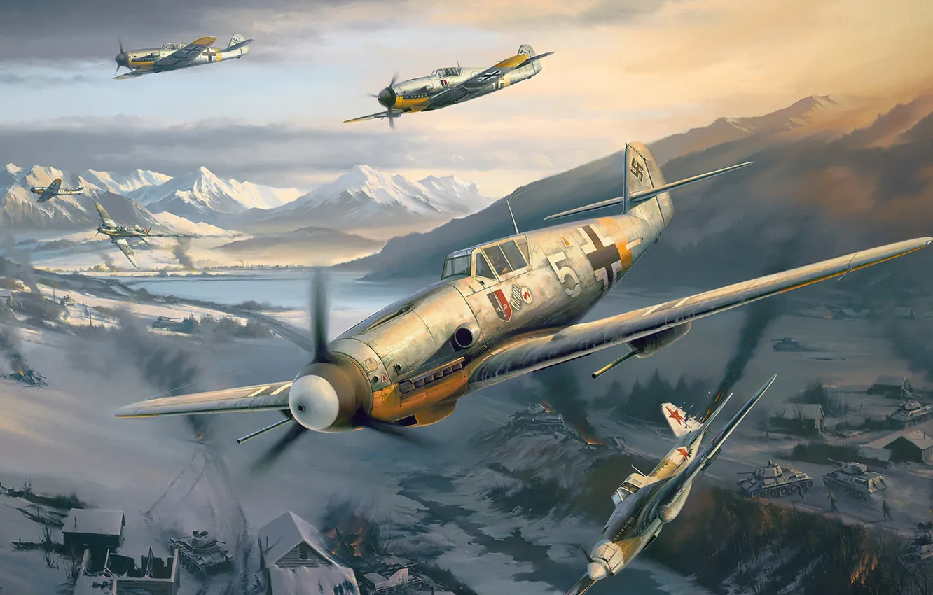 Фото обои ИЛ-2, Luftwaffe, Воздушный бой, Люфтваффе, Messerschmitt Bf.109, одномоторный поршневой истребитель-низкоплан, Битва за Кавказ
