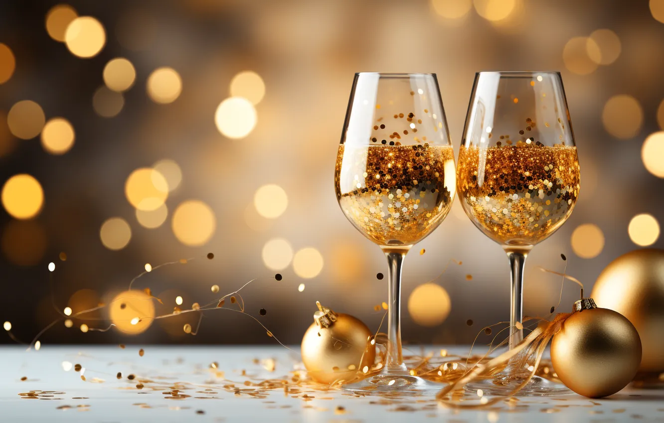 Фото обои украшения, золото, шары, Новый Год, бокалы, golden, new year, шампанское