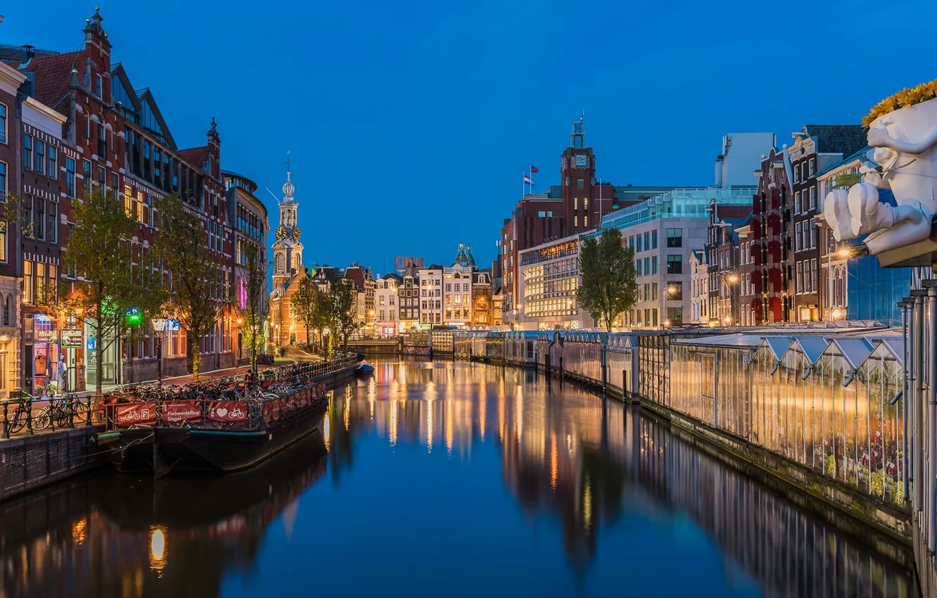 Фото обои город, вид, вечер, Амстердам, Нидерланды