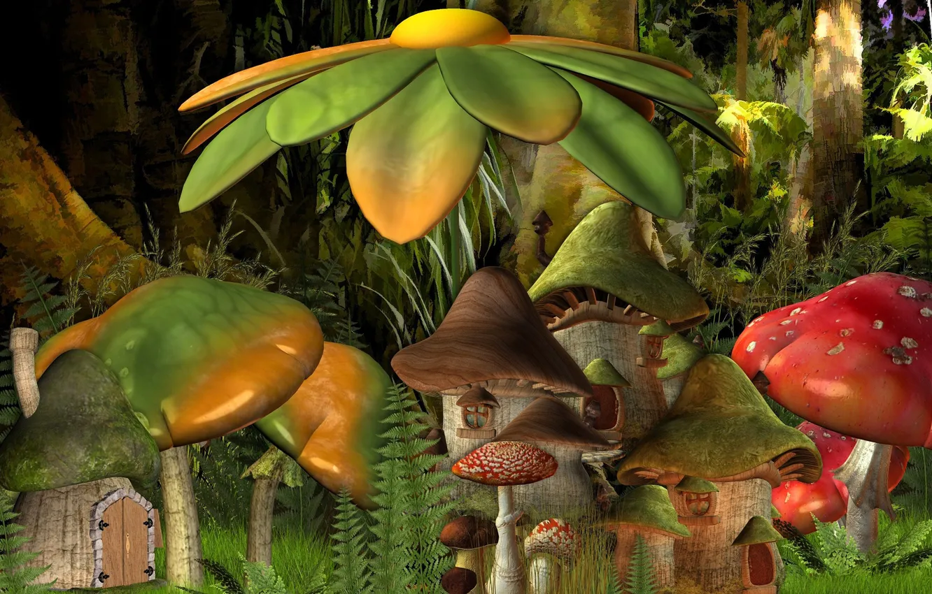 Фото обои лес, цветок, мультик, поляна, грибы, мультфильм, сказка, ромашка