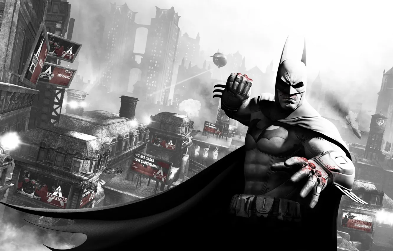 Фото обои город, batman, кровь, бэтмен, дирижабль, кулак, готэм, arkham city