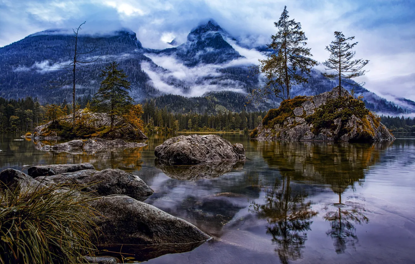Фото обои лес, облака, деревья, горы, озеро, камни, Германия, Альпы