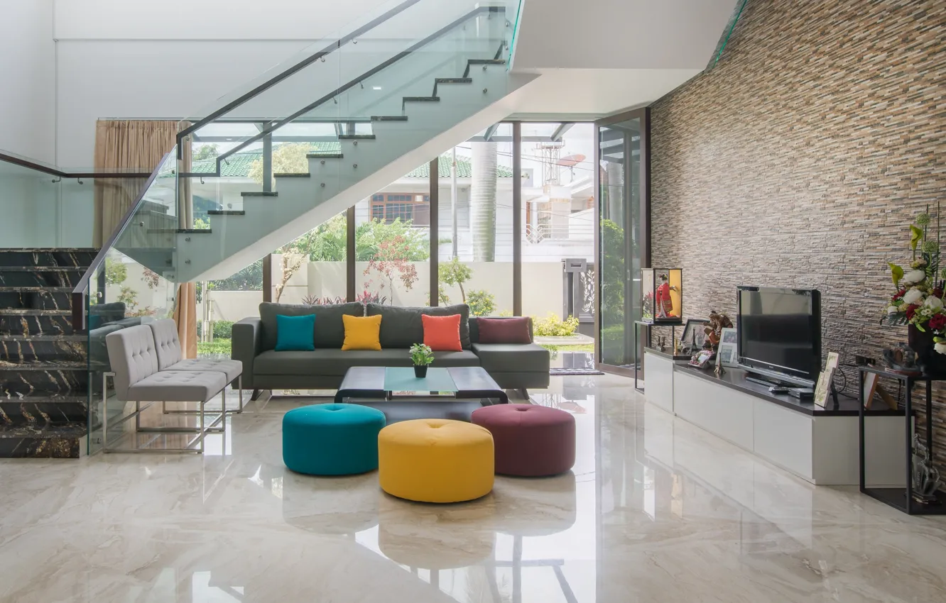 Фото обои дизайн, интерьер, лестница, гостиная, Green Garden Residence, by EVONIL Architecture