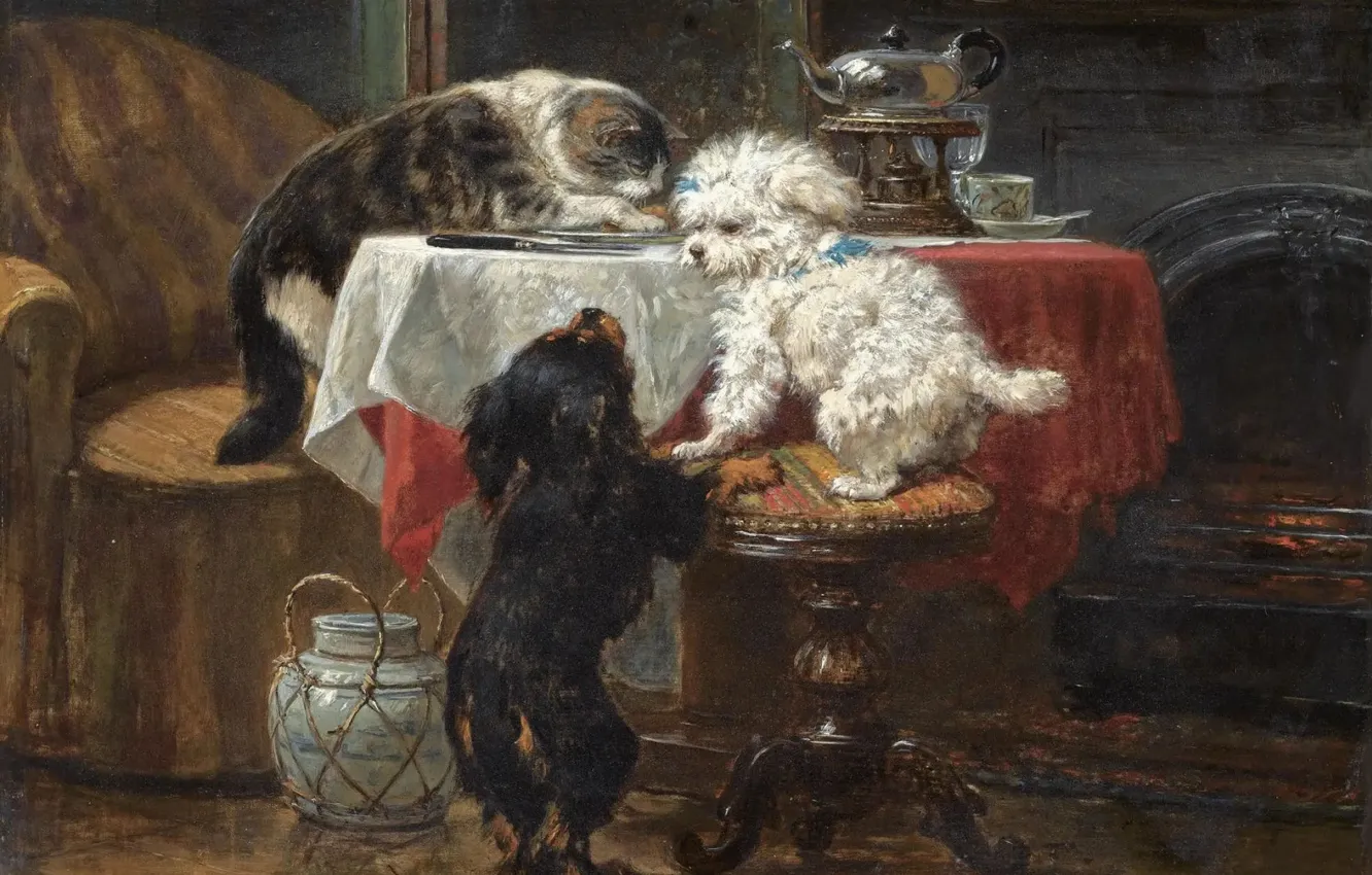 Фото обои Кошка, Стол, Картина, Собаки, Трое, Генриетта Роннер-Книп, Henriette Ronner-Knip, Бельгийская художница