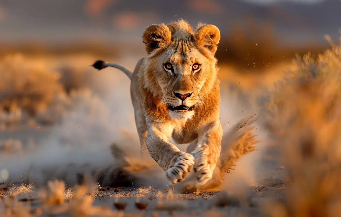 Фото обои хищник, лев, бег, саванна, спереди, большая кошка, цифровое искусство, ИИ-арт