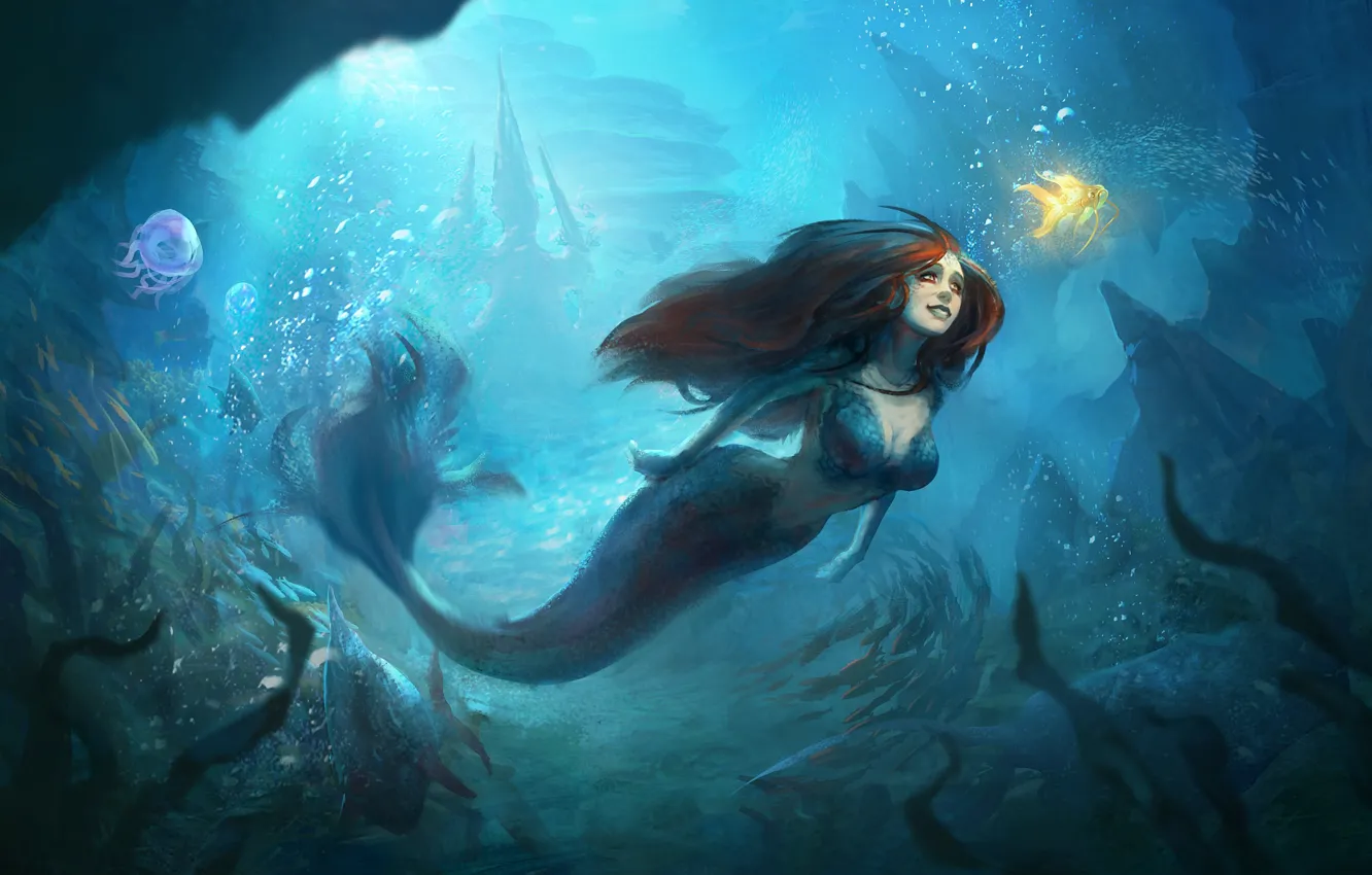 Фото обои взгляд, русалка, арт, золотая рыбка, под водой, mermaid