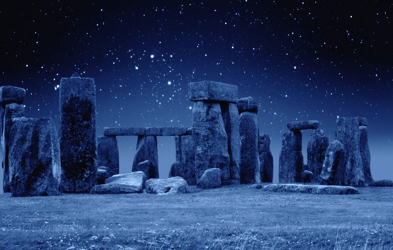 Фото обои ночь, Англия, звёзды, Stonehenge, Стоунхэндж