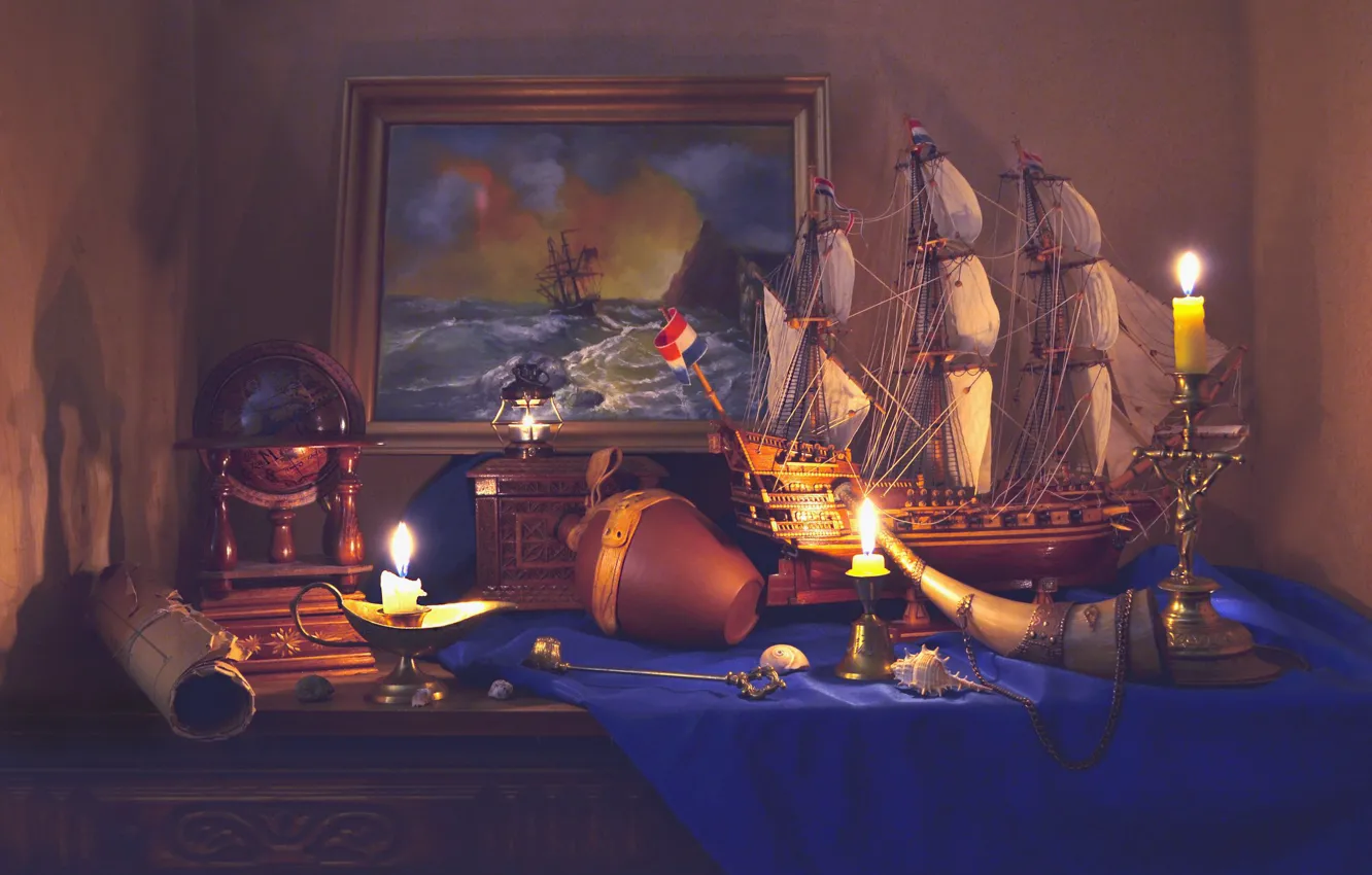 Фото обои корабль, картина, свечи, натюрморт, глобус, свиток, Валентина Колова