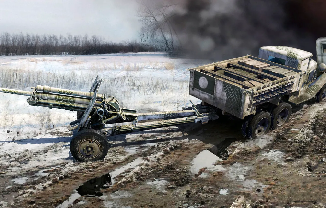 Фото обои ГАЗ-ААА, советский грузовой автомобиль, 76-мм УСВ-БР, дивизионная пушка образца 1939 года, Советский 2-х Тонный грузовик …