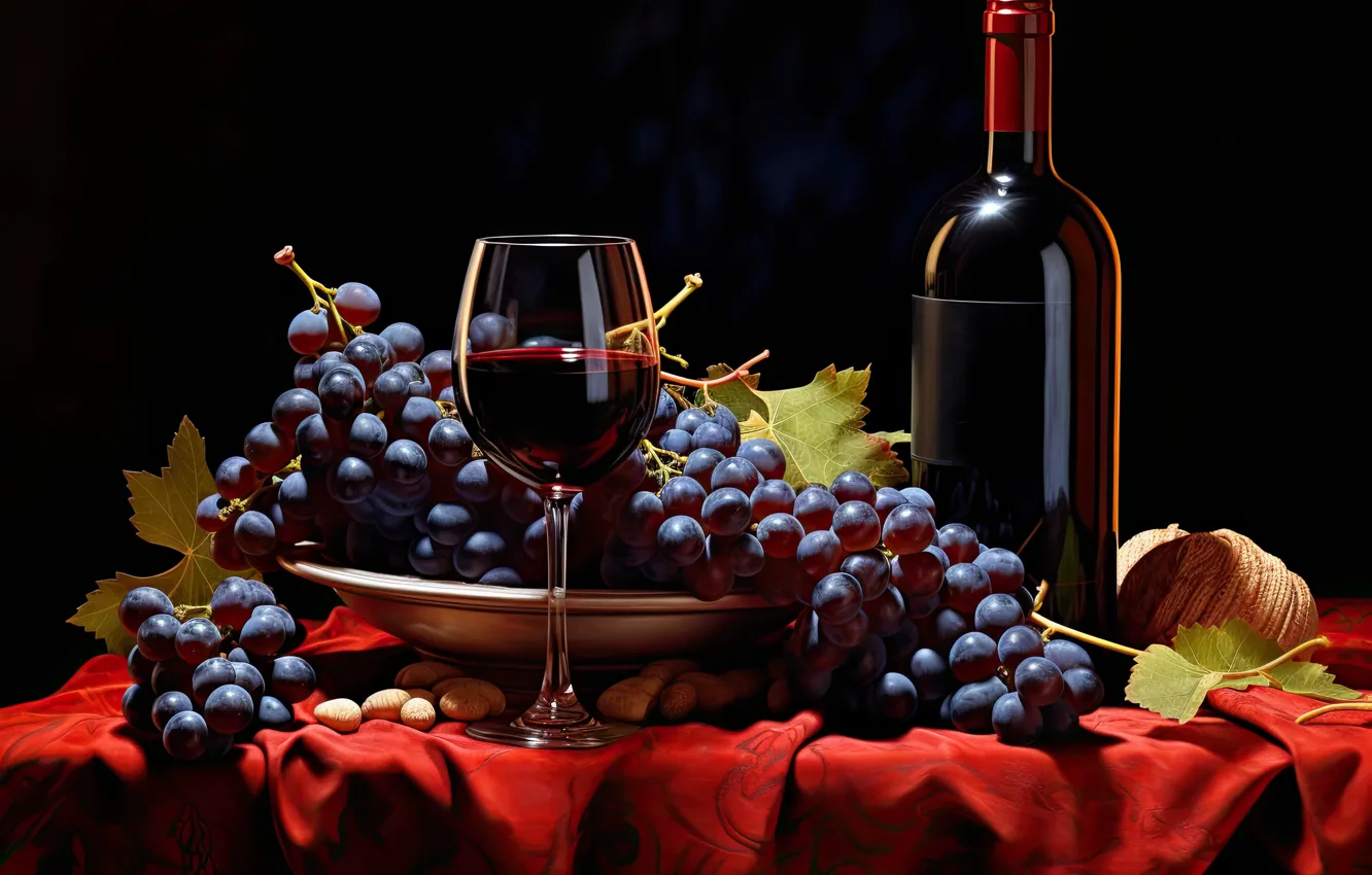 Фото обои стол, вино, бокал, бутылка, виноград, натюрморт, ИИ-арт, нейросеть
