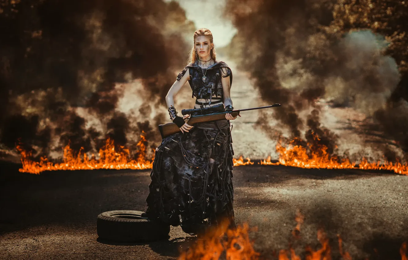 Фото обои девушка, огонь, винтовка, apocalypse
