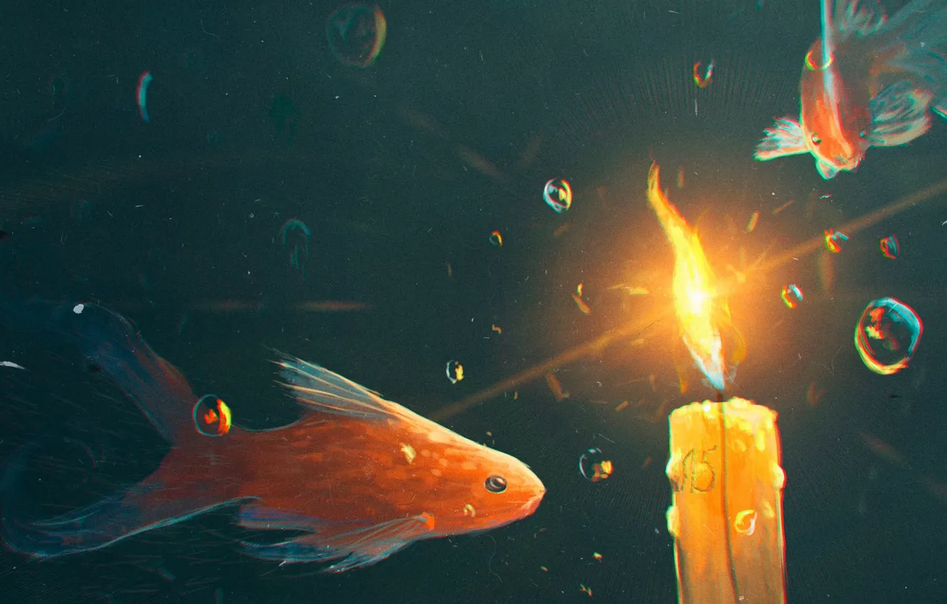 Фото обои свет, пузырьки, свеча, рыба, под водой