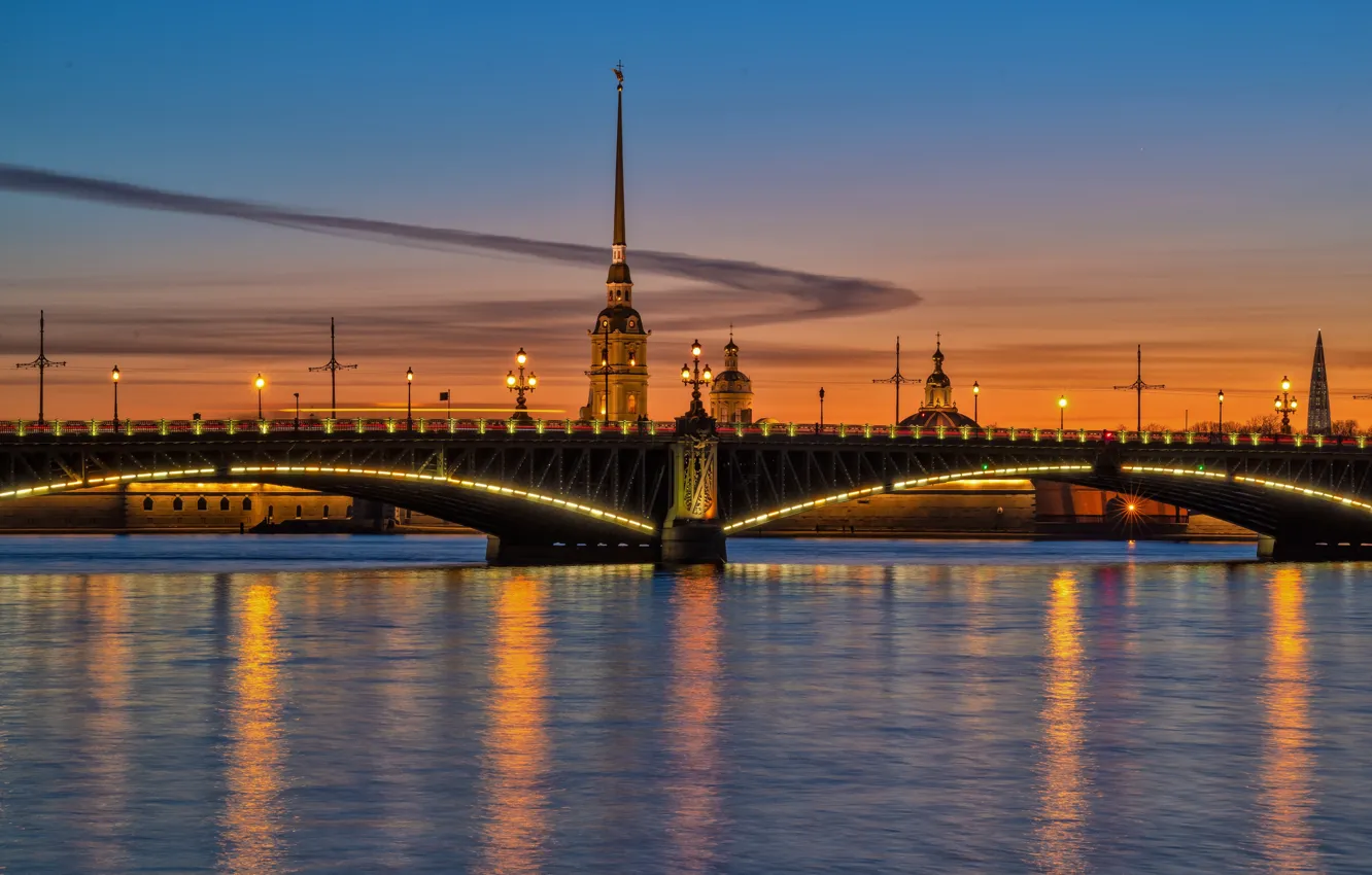 Фото обои Санкт-Петербург, Петропавловская крепость, Нева, вечерний город, Троицкий мост