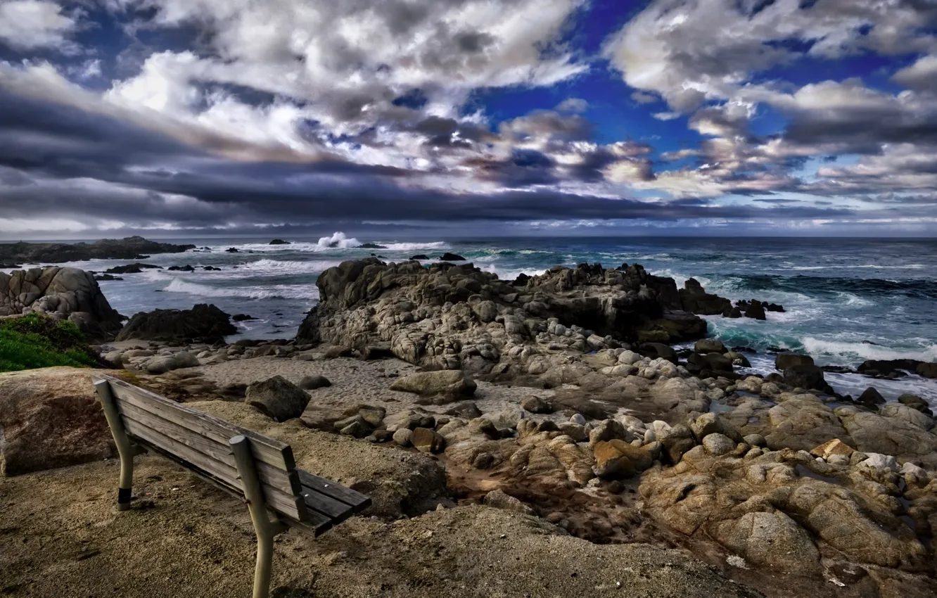 Фото обои море, берег, скамья, California, Asilomar Beach